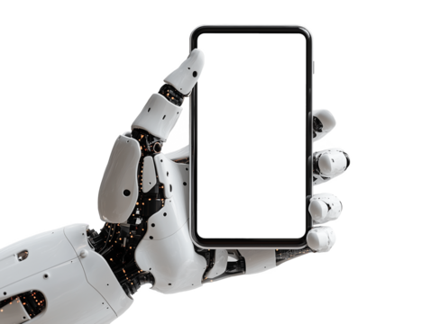 A highly detailed robotic hand extends forward, grasping a blank smartphone. The futuristic design highlights intricacies of technology and robotics, emphasizing innovation
