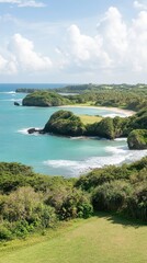 Obraz premium Experience the enchanting beauty of the Hawaiian coast, where emerald green cliffs meet vibrant blue waters and lush greenery flourishes under fluffy clouds, creating a serene paradise