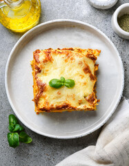 Italian lasagna with Bolognese sauce, creamy b&eacute;chamel, and pasta sheets. Tasty dish. Delicious food