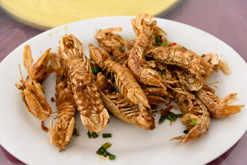 Salt and pepper Style mantis shrimp. DeepSea Food. A delicacy from Chaoshan, China.