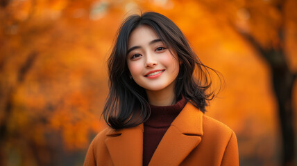 Naklejka premium Portrait of young happy smiling asian girl in autumn park, positive cheerful young woman enjoying a walk outdoors in autumn forest. Active lifestyle, good health. Enjoying outdoors.