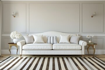 Striped Rug in Beige Living Room with Stylish Couch and Cushions