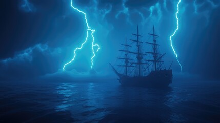 A majestic pirate ship bravely navigating a stormy sea, illuminated by lightning in a breathtaking hyper-realistic rendering