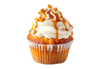 Caramel cupcake or muffin topped with rich whipped creamy frosting and drizzled with caramel syrup isolated on white transparent background