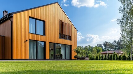 Obraz premium Wooden Paneles natural modern new house with windows in summer sunny day