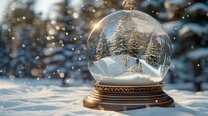 A serene winter wonderland captured within a snow globe rests on a snowy surface, surrounded by a forest of evergreen trees in the background