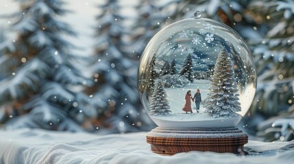 A couple strolls through a snowy landscape captured in a glass snow globe amidst holiday winter vibes and evergreen trees