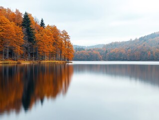 Serene Autumn Landscape with Vibrant Foliage Reflecting on a Calm Lake in a Tranquil Forest Setting
