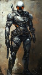 Fototapeta premium Futuristic game hero character concept with detailed armor in a dynamic pose suitable for mobile or desktop wallpaper