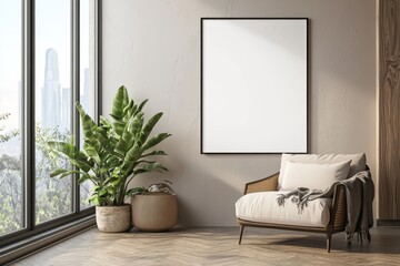 Poster Frame in Beige minimalist living room interior created with generative AI