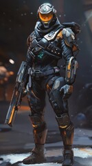 Naklejka premium supehero hero character design concept featuring a futuristic warrior in an industrial setting ideal for mobile or desktop wallpaper