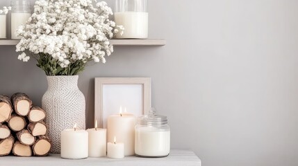 A modern Scandinavian interior showcases grey shelves filled with neatly arranged firewood, enhanced by a cozy palette of pink and gray, creating a warm atmosphere