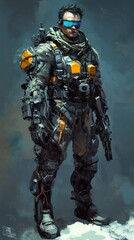 Fototapeta premium A futuristic hero character stands in a beautifully designed landscape ideal for mobile and desktop wallpaper across various genres