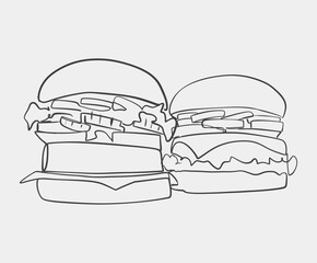 A detailed black and white drawing depicting a delicious hamburger placed on a clean white background, showcasing its exquisite features