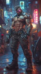 Obraz premium supeheroic game character design concept standing in a neon lit urban alleyway at night showcasing strength in a futuristic setting