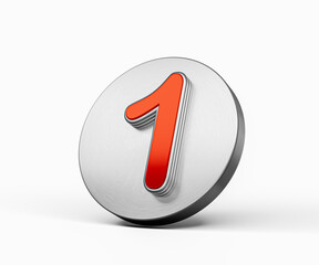 Vibrant Red Number One 1 On A Metallic Silver Disc Icon On White Background 3D Illustration