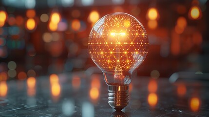 Intricate glowing light bulb design with warm glow in a dimly lit café ambiance during the evening