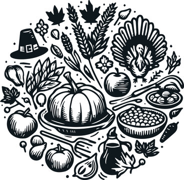 thanksgiving black and white food circle clip art preview