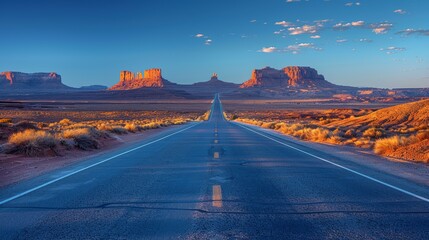 A long highway stretches through the desert landscape of Monument Valley at sunset, showcasing red rock formations and expansive skies