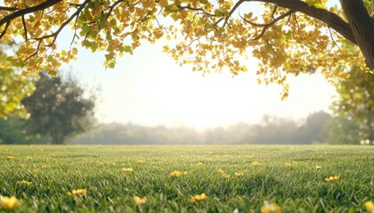 Beautiful Autumn Landscape with Golden Leaves and Sunlight Filtering Through Trees in a Serene Park