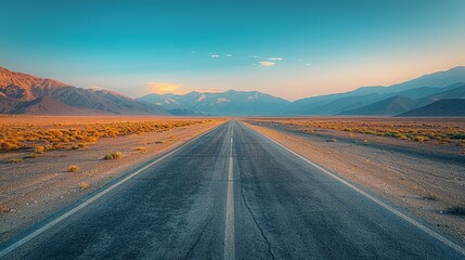 Naklejka premium A winding road through a vast desert landscape at sunset with distant mountains under a clear blue sky