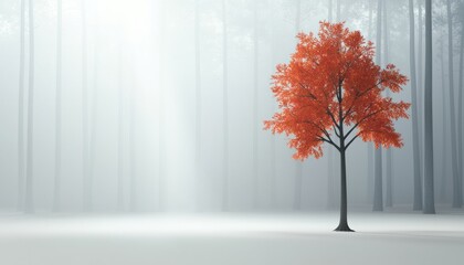Obraz premium Solitary Red Tree in Misty Autumn Forest with Soft Sunlight Filtering Through Fog