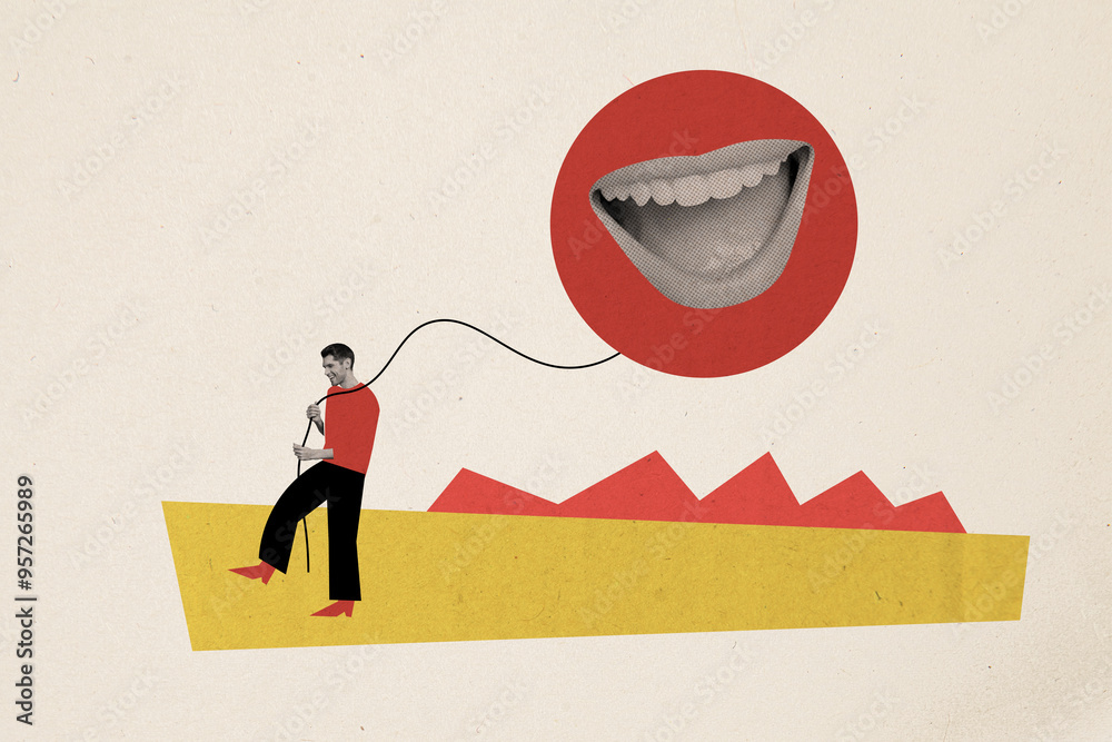 Poster composite artwork collage image picture of mini guy hold string balloon talking mouth isolated on cr
