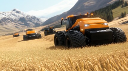 Obraz premium A harvester steadily cuts through a golden wheat field as the sun sets, casting warm tones across the landscape and highlighting the beauty of agricultural life