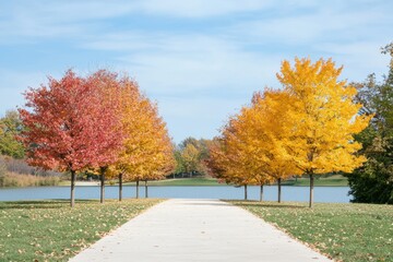 Naklejka premium Vibrant Autumn Trees Lining a Pathway by a Serene Lake Under a Clear Blue Sky