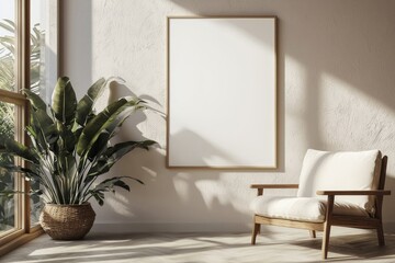 Poster Frame in Beige minimalist living room interior created with generative AI