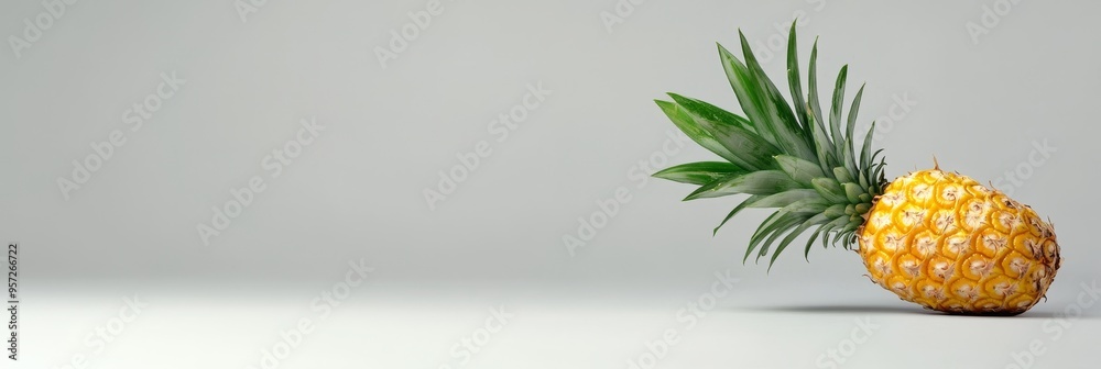 Poster A single, fresh pineapple with green leaves is placed on a plain white background. It represents tropical fruits, summer vibes, healthy eating, and a vibrant, exotic taste.