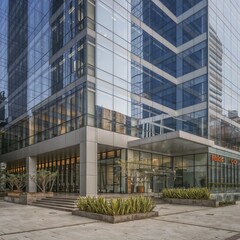 Modern Corporate Office Building with Glass Facade and Commercial Shops: Urban Scene with Traffic, Pedestrians, and Greenery