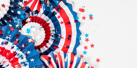 4th of July, USA Presidents Day, Independence Day, Memorial day, US election concept. Red white and blue paper fans with stars confetti on white background. Flat lay, top view, copy space, banner