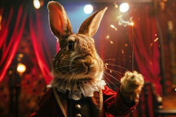 A magical rabbit in a theatrical costume brings wonder with a sparkler, perfect for whimsical and enchanting designs.