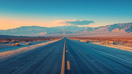 Fototapeta premium Vast open road stretching into the mountains at sunset in a tranquil desert landscape