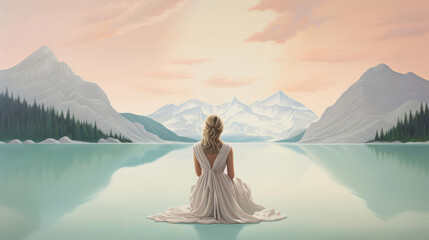 A serene landscape featuring a woman in a white dress, gazing at tranquil waters surrounded by majestic mountains.