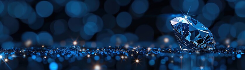 A sparkling diamond rests on a shimmering blue background, reflecting light and showcasing its brilliance and clarity.