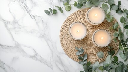 A serene arrangement of three candles on a woven mat surrounded by eucalyptus leaves, creating a calming ambiance.