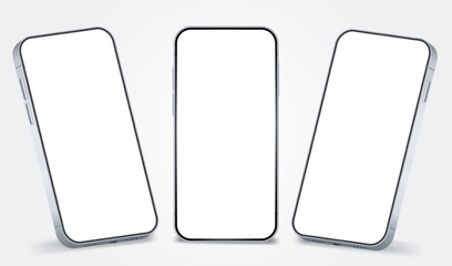 Smartphone mock up white screen with different angles views. Set of Phones front view mockup. Silver cellphone mobile isolated with blank screen for display your design. Vector mobile device.