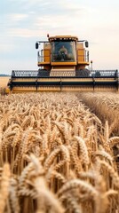 Obraz premium A harvester steadily cuts through a golden wheat field as the sun sets, casting warm tones across the landscape and highlighting the beauty of agricultural life