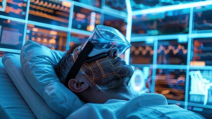 Obraz premium A patient wearing a futuristic mask in a high-tech medical environment, surrounded by data screens and glowing monitors.