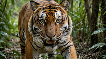 Predator in Focus: A Close-Up Shot of a Tiger Prowling Through the Dense Jungle, Its Piercing Eyes Intense and Unwavering