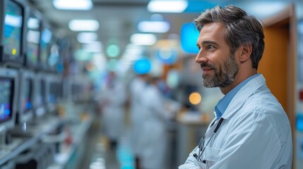 Fototapeta premium A healthcare professional observes patient monitors in a busy hospital ward during a daytime shift