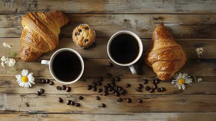 A warm breakfast setup featuring coffee, croissants, and a muffin on a rustic wooden table, perfect for morning indulgence.