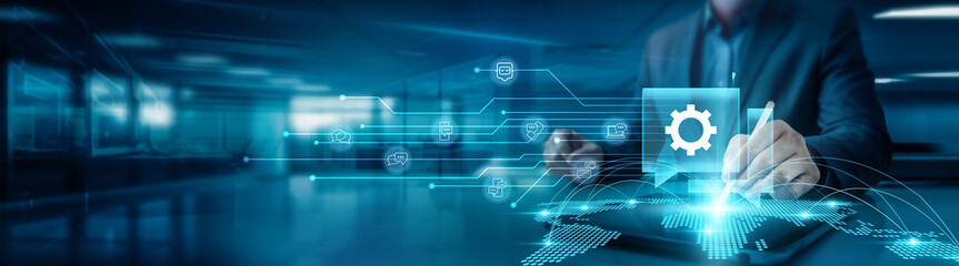 Businessman drawing global structure networking and IT consulting graph digitally on office table with tablet, demonstrating strategic planning and integration solutions for global businesses.