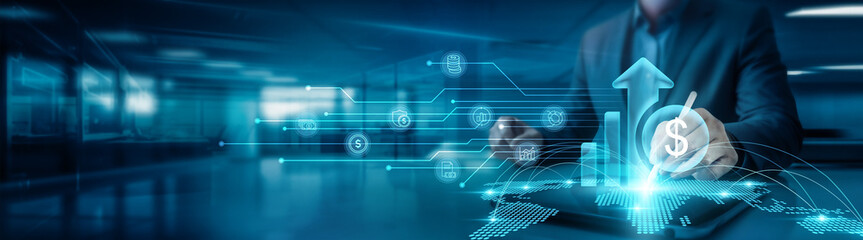 Investment. A businessman drawing a global structure, networking investment graph on an office table with a tablet, analyzing investment opportunities and strategies.