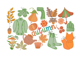 Autumn, set of objects, branches, mushrooms, acorns, warm clothes, color drawing
