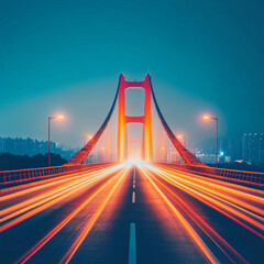 Fototapeta premium A stunning night scene of a bridge illuminated with vibrant lights, showcasing a beautiful blend of color and motion.