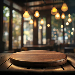 Fototapeta premium podio 3D circular madera fondo restaurante decoración luces bar junto a naturaleza sillas y mesas amaderadas