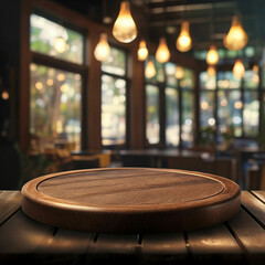 Obraz premium podio 3D circular madera fondo restaurante decoración luces bar junto a naturaleza sillas y mesas amaderadas